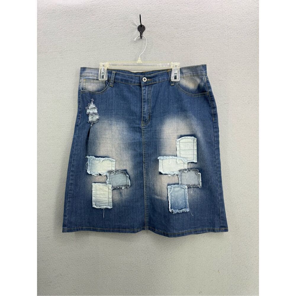Be-girl Basic Womens Blue Patchwork Distressed Denim Pencil Skirt 2XL